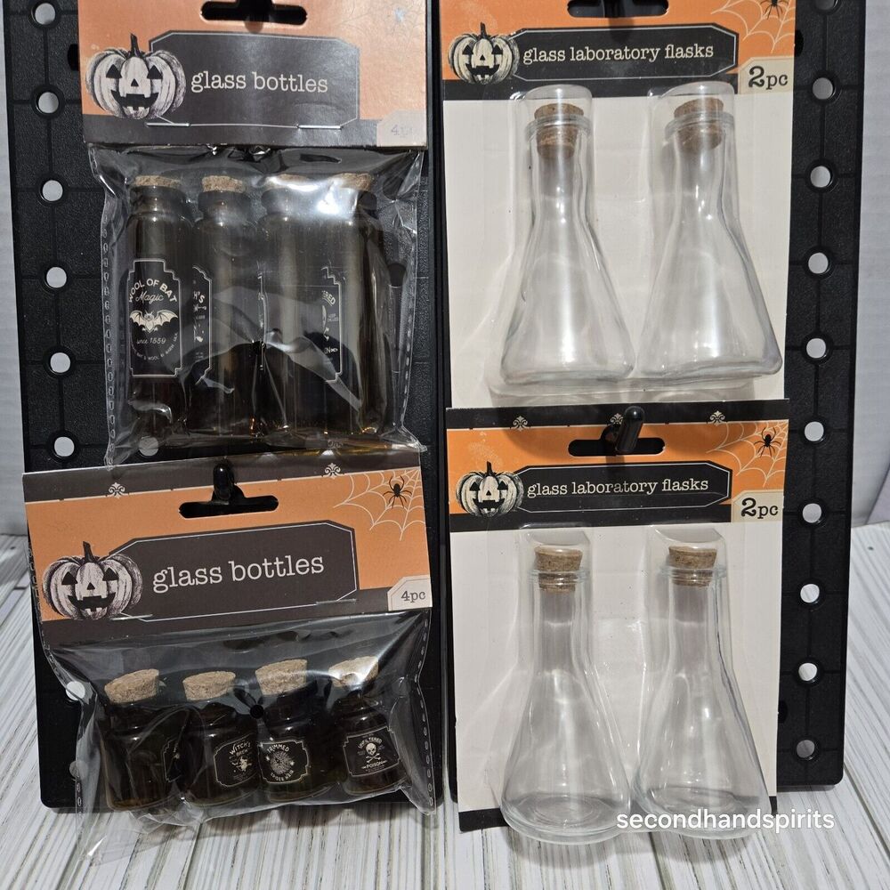 Halloween Apothecary Amber Brown Glass Potion Poison Bottles Cork & 2pks Flasks